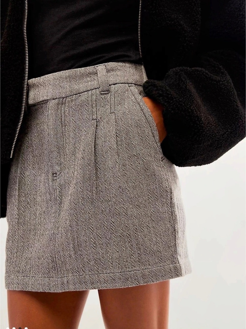 Free People Pop Preppy Mini Skirt Size 4 NWT Gray Herringbone Preppy Tailored